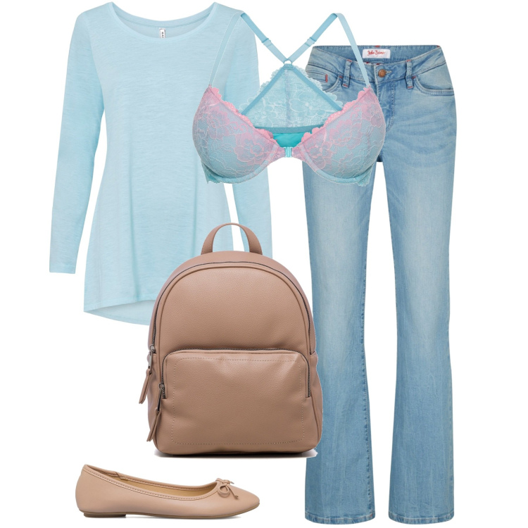 Outfit donna - La lingerie che mette il sorriso. Stile Basic per Tutti i giorni. Abbinamento con jeans bootcut, maglieria, reggiseni, ballerine, zaini.