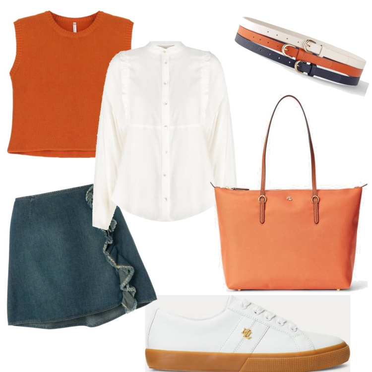 Outfit donna - Brio mattone. Stile Sporty chic per Tutti i giorni. Abbinamento con cinture, minigonne, camicie, maglieria, borse tote, sneakers.