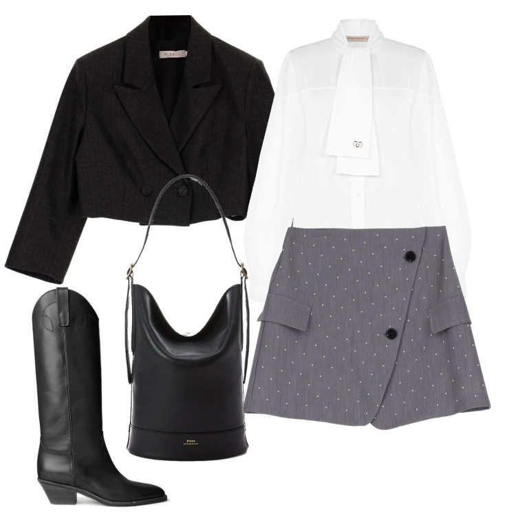 Outfit donna - Con la minigonna. Stile Mannish per Tutti i giorni. Abbinamento con blazer, camicie, minigonne, borse a secchiello, stivali.