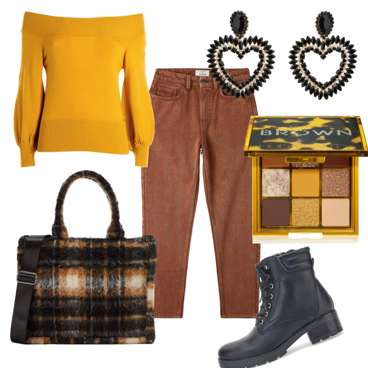 Outfit donna - Curcuma e cannella. Stile Casual chic per Ufficio. Abbinamento con ombretti, jeans mom, shopping bag, maglieria, orecchini, anfibi.
