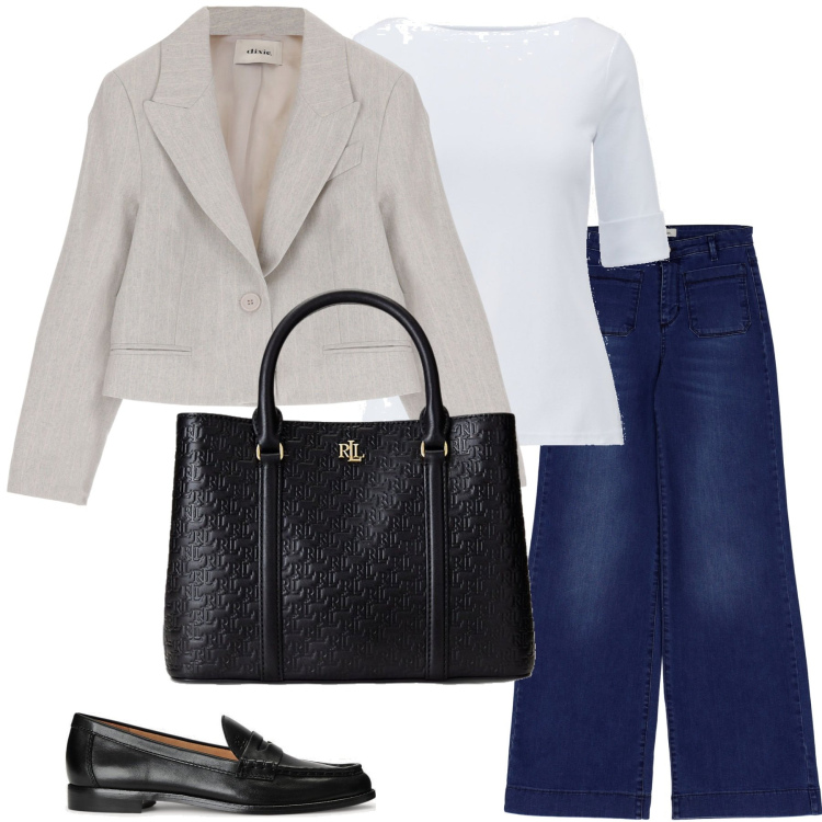 Outfit donna - Basic. Stile Basic per Ufficio. Abbinamento con jeans, giacche, mocassini, borse a mano, t-shirt.