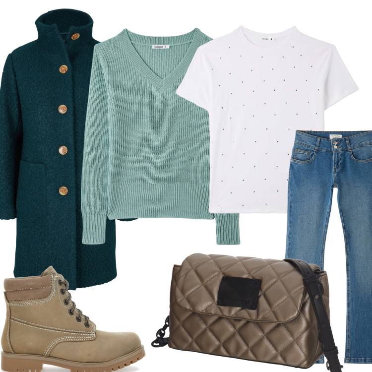 Outfit donna - Casual in giro. Stile Casual per Tutti i giorni. Abbinamento con cappotti, maglieria, jeans a zampa, t-shirt, borse a tracolla, stivaletti.