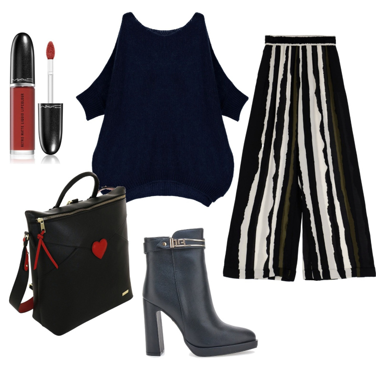 Outfit donna - Total look #1732467. Stile Chic per Tutti i giorni. Abbinamento con rossetti, pantaloni a palazzo, pullovers, zaini, stivaletti.