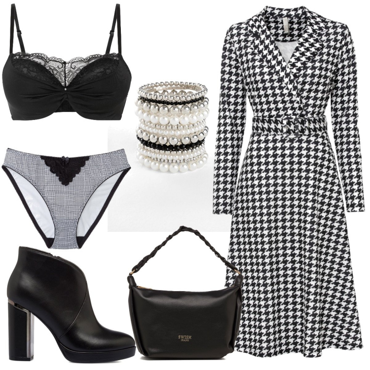 Outfit donna - Pied de poule. Stile Vintage retrò per Serata fuori. Abbinamento con braccialetti, reggiseni push-up, vestiti, slip, stivaletti, borse a mano.