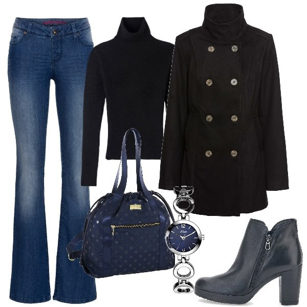 Outfit donna - caban e zampa per slanciare le curvy. Stile Casual per Tutti i giorni. Abbinamento con jeans bootcut, caban, maglieria, stivaletti, orologi, zaini.