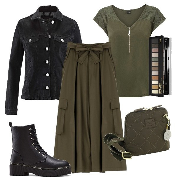 Outfit donna - autunno curvy urban. Stile Urban per Tutti i giorni. Abbinamento con stivaletti, t-shirt, blazer, ombretti, gonne longuette, borse a tracolla.