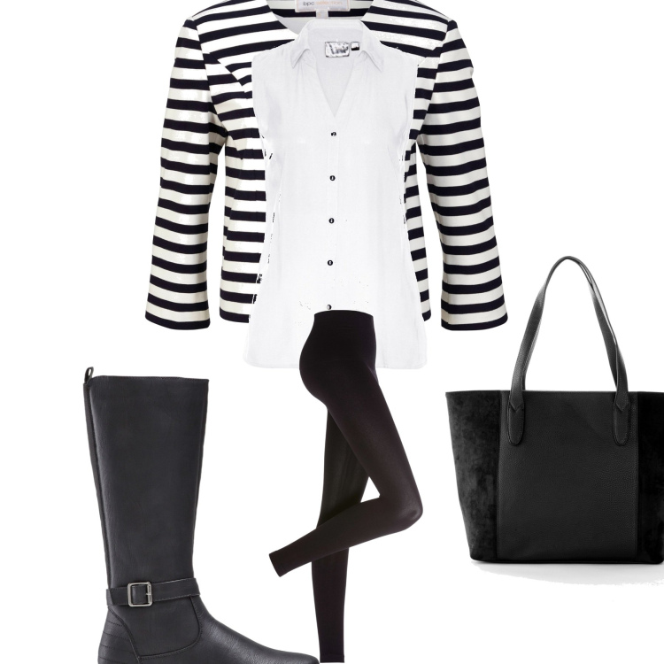 Outfit donna - In ufficio. Stile Casual chic per Ufficio. Abbinamento con leggings, stivali, shopping bag, blazer, camicie.