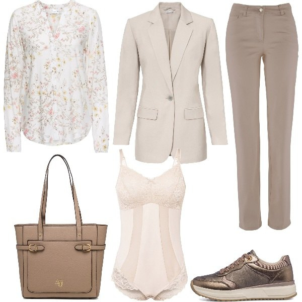Outfit donna - Lingerie curvy. Stile Sporty chic per Tutti i giorni. Abbinamento con camicie, pantaloni, body, blazer, sneakers, borse a spalla.