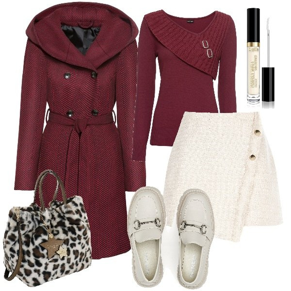 Outfit donna - l\'ufficio in autunno. Stile Casual chic per Ufficio. Abbinamento con maglieria, cappotti, correttori, minigonne, mocassini, borse a mano.