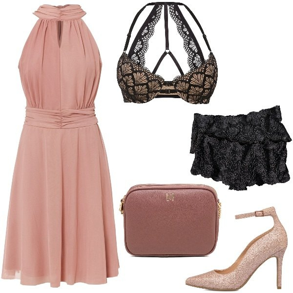 Outfit donna - Cerimonia rosa antico. Stile Sexy per Cerimonia. Abbinamento con culotte, vestiti, reggiseni, décolleté, borse a tracolla.