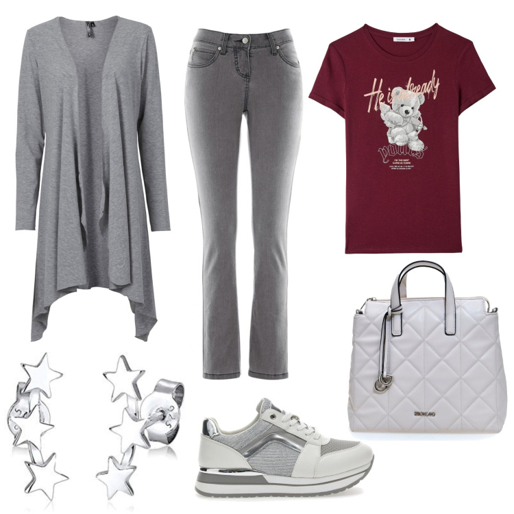 Outfit donna - Autunno grigio. Stile Casual per Tutti i giorni. Abbinamento con jeans slim fit, cardigans, t-shirt, sneakers, borse a mano, orecchini.
