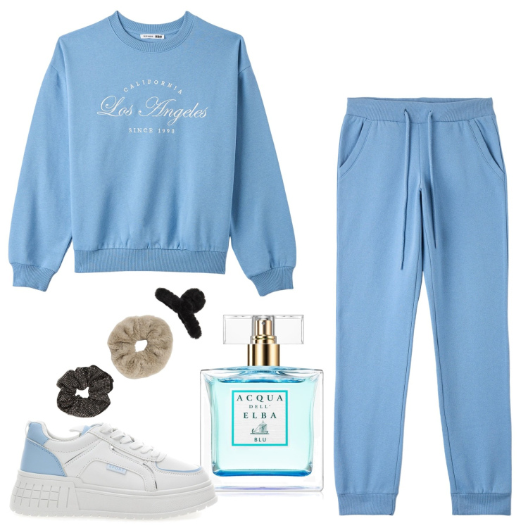 Outfit donna - Relax. Stile Basic per Tutti i giorni. Abbinamento con profumi, pantaloni, felpe, accessori per capelli, sneakers.