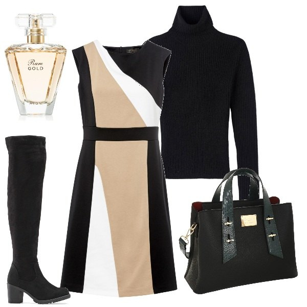 Outfit donna - un pullover sotto il tubino. Stile Trendy per Tutti i giorni. Abbinamento con vestiti, stivali sopra il ginocchio, profumi, maglieria, borse a mano.