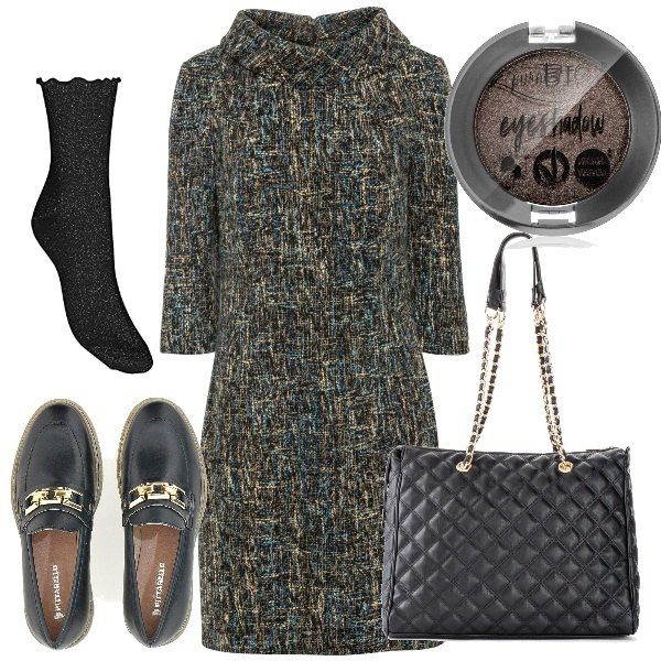 Outfit donna - curvy basic. Stile Basic per Tutti i giorni. Abbinamento con shopping bag, vestiti a tubino, ombretti, mocassini, calzini.