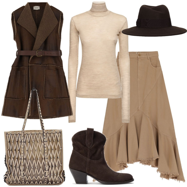 Outfit donna - Country chic. Stile Casual chic per Tutti i giorni. Abbinamento con borse a spalla, stivaletti, blazer, gonne longuette, cappelli, top.