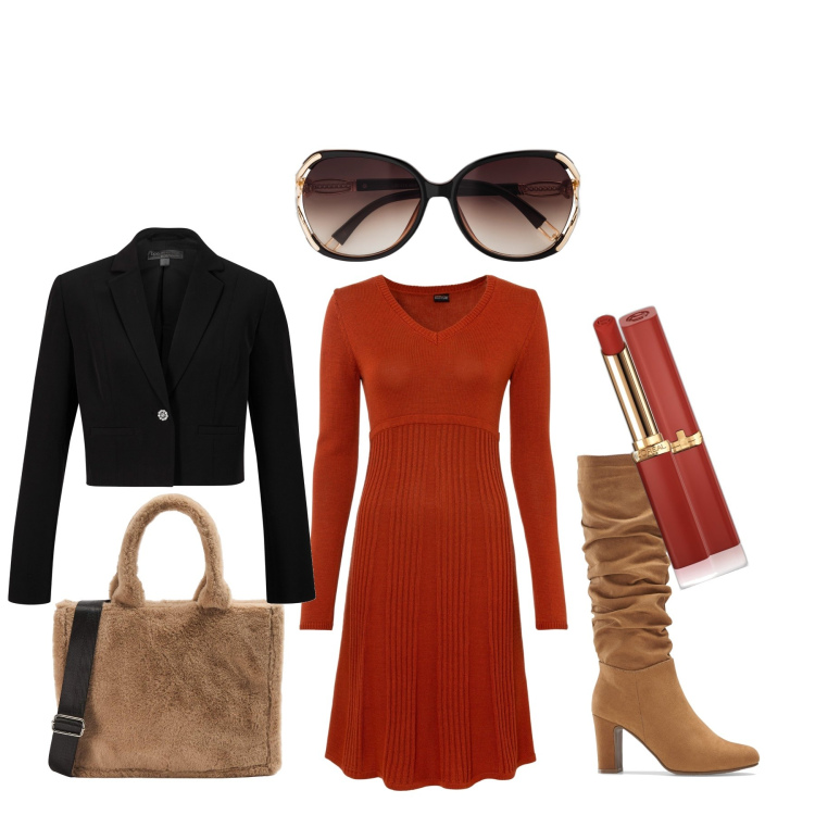 Outfit donna - Total look #1732658. per Serata fuori. Abbinamento con occhiali da sole, vestiti, stivali, blazer, rossetti, shopping bag.