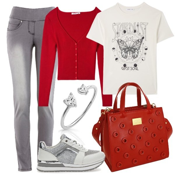 Outfit donna - golfino rosso e via!. Stile Casual per Scuola/Università. Abbinamento con jeans slim fit, cardigans, t-shirt, borse a mano, sneakers, anelli.