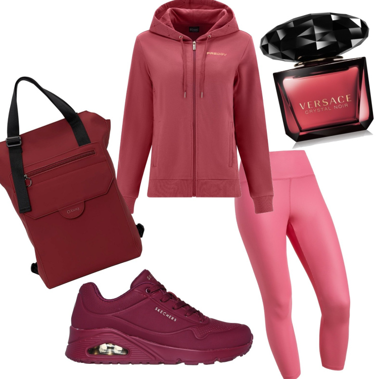 Outfit donna - On palestra. Stile Casual per Sport. Abbinamento con profumi, treggings, felpe con cappuccio, sneakers, zaini.