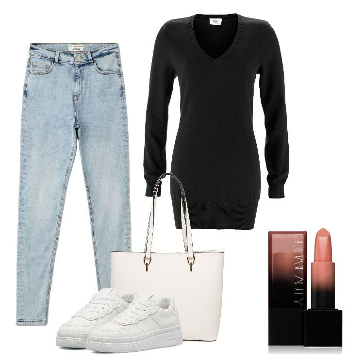 Outfit donna - Total look #1732779. Stile Basic per Scuola/Università. Abbinamento con maglieria, rossetti, jeans skinny, borse a spalla, sneakers.