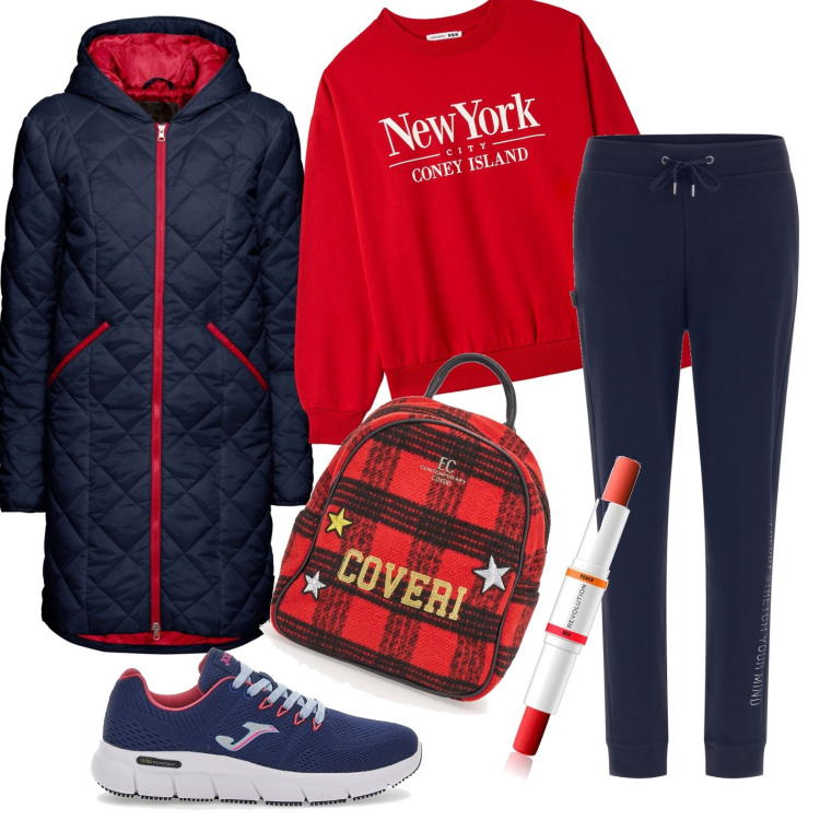 Outfit donna - Tempo uggioso. Stile Casual per Tutti i giorni. Abbinamento con blazer, correttori, felpe, pantaloni, sneakers, zaini.
