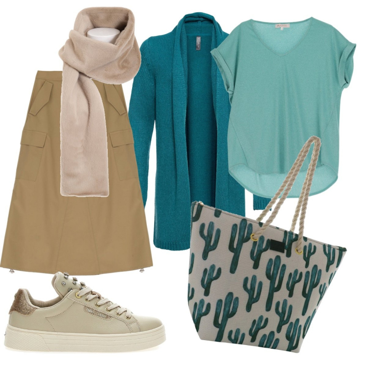 Outfit donna - La borsa con i cactus. Stile Casual Abbinamento con cardigans, foulard, t-shirt, gonne longuette, borse a secchiello, sneakers.
