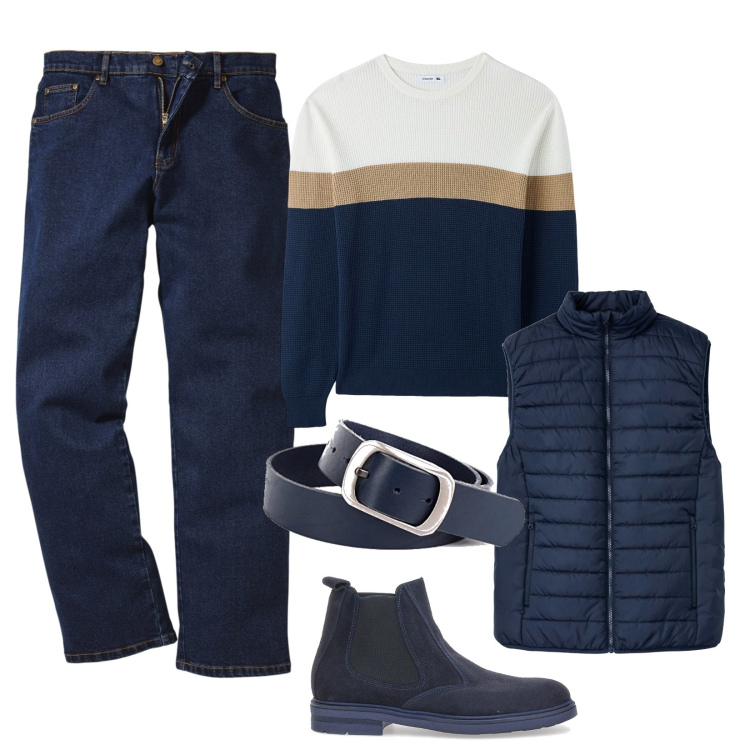 Outfit uomo - Trendy in giro per la città. Stile Trendy per Tutti i giorni. Abbinamento con jeans dritti, gilet, maglieria, cinture, stivali e stivaletti.