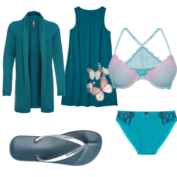 Outfit donna - Intimo colorato. Stile Chic per Tutti i giorni. Abbinamento con cardigans, camicie da notte, reggiseni, culotte, infradito.
