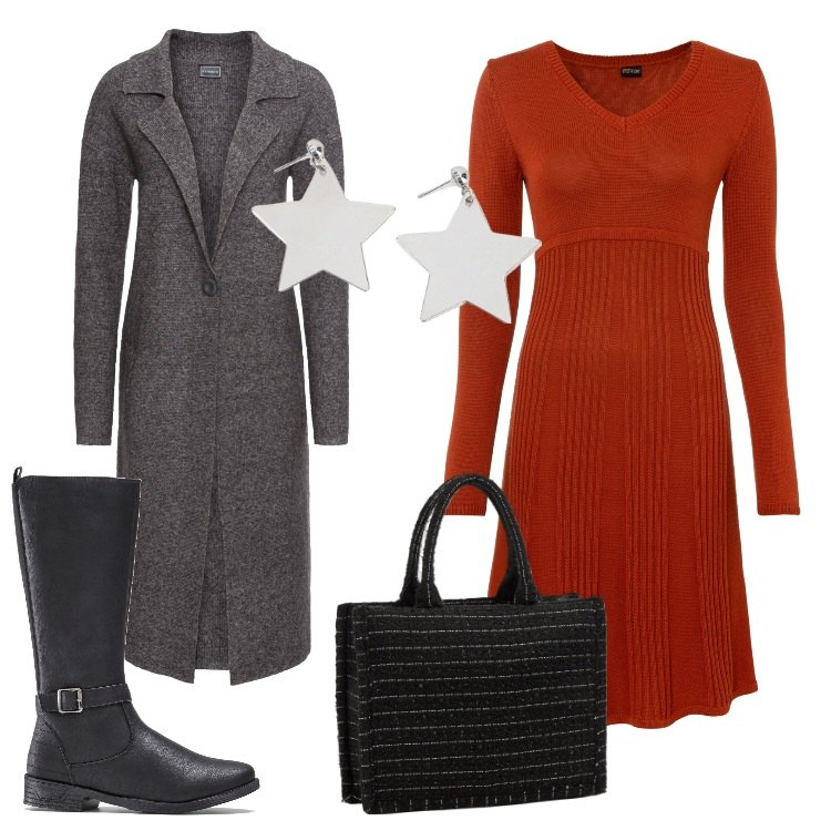 Outfit donna - Il color mattone, un arancio profondo. Stile Basic per Tutti i giorni. Abbinamento con stivali, cappotti, vestiti, shopping bag, orecchini.