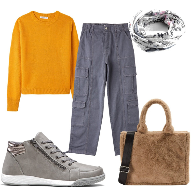 Outfit donna - Bantoa Mid Season sale: il maglione. Stile Basic per Tutti i giorni. Abbinamento con sneakers alte, foulard, pantaloni cargo, shopping bag, maglieria.