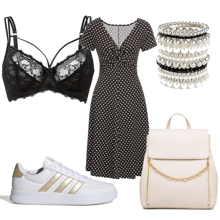 Outfit donna - Lingerie sporty- chic. Stile Sporty chic per Tutti i giorni. Abbinamento con vestiti lunghi, braccialetti, reggiseni, sneakers, zaini.