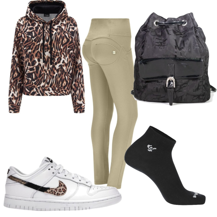 Outfit donna - Bellissima in animalier. Stile Trendy per Sport. Abbinamento con sneakers, zaini, pantaloni skinny, calzini, felpe con cappuccio.