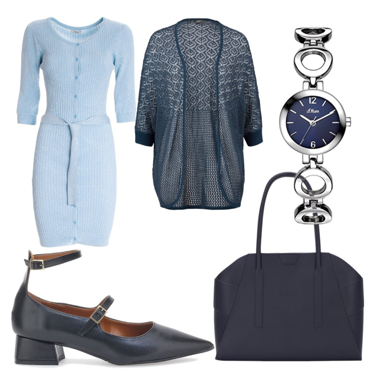 Outfit donna - Il vestito azzurro. Stile Casual per Tutti i giorni. Abbinamento con cardigans, vestiti, orologi, borse a spalla, ballerine.