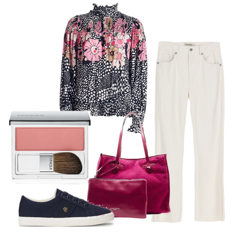 Outfit donna - Queen. Stile Casual chic per Tutti i giorni. Abbinamento con blush, bluse, pantaloni capri, scarpe sportive, pochette.