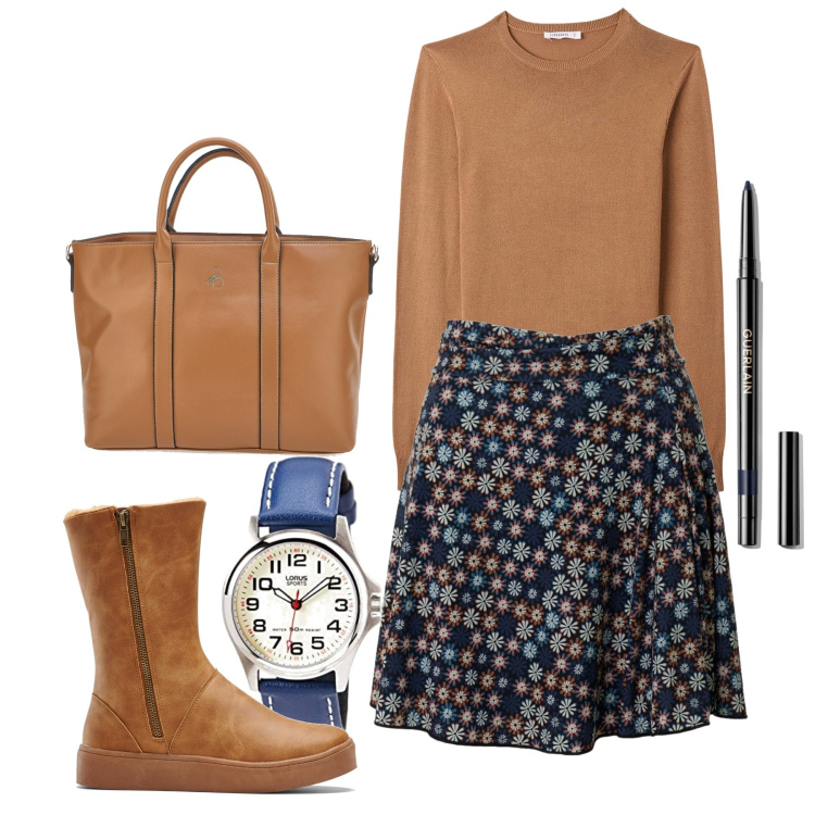 Outfit donna - Un fondo blu. Stile Bon Ton per Ufficio. Abbinamento con stivali, eyeliner, maglieria, gonne, borse a mano, orologi analogici.