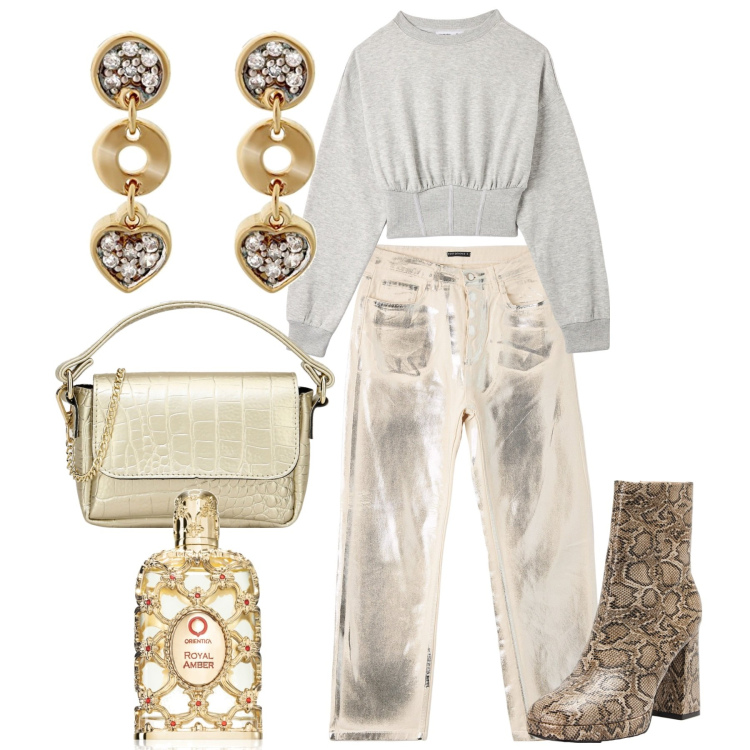 Outfit donna - Glam on the road. Stile Casual chic per Serata fuori. Abbinamento con profumi, stivaletti, felpe, jeans, pochette, orecchini.