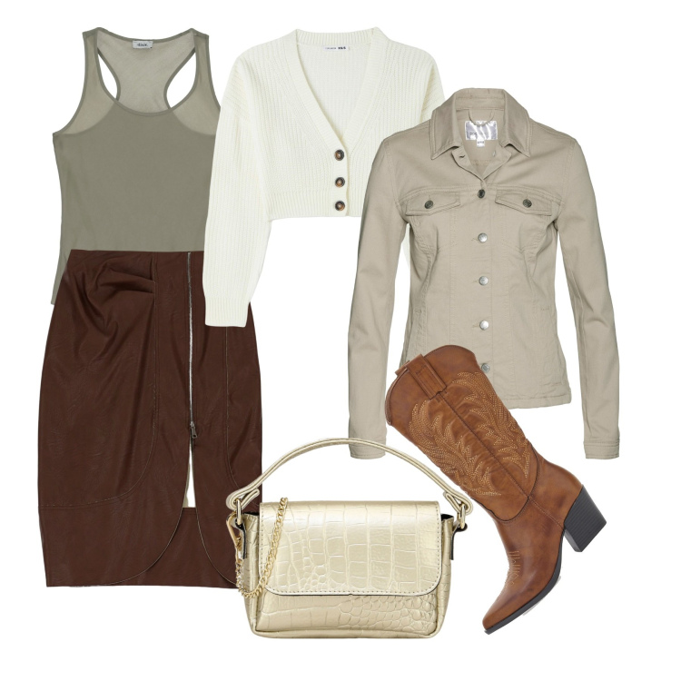 Outfit donna - Controcorrente. Stile Urban per Serata fuori. Abbinamento con blazer, cardigans, pochette, canottiere, gonne longuette, stivaletti.
