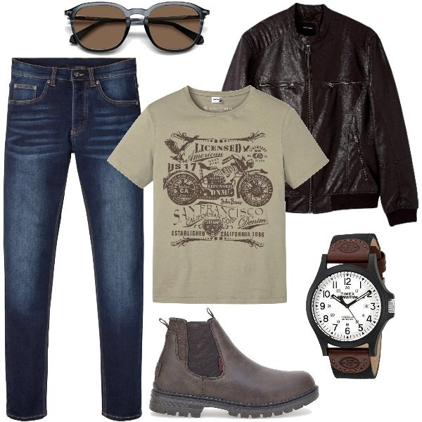 Outfit uomo - Autunno Casual. Stile Casual per Tutti i giorni. Abbinamento con cappotti, jeans slim fit, orologi analogici, stivali e stivaletti, t-shirt, occhiali da sole.
