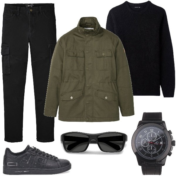Outfit uomo - La Giacca Casual di John Baner. Stile Casual per Tutti i giorni. Abbinamento con maglieria, cappotti, orologi analogici, pantaloni cargo, sneakers, occhiali da sole.
