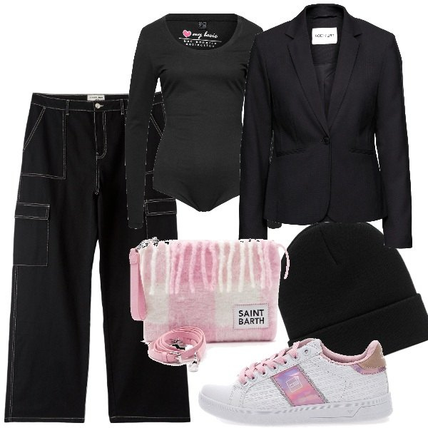 Outfit donna - La borsa coccolosa. Stile Minimal per Scuola/Università. Abbinamento con blazer, body, pantaloni cargo, berretti, borse a mano, sneakers.