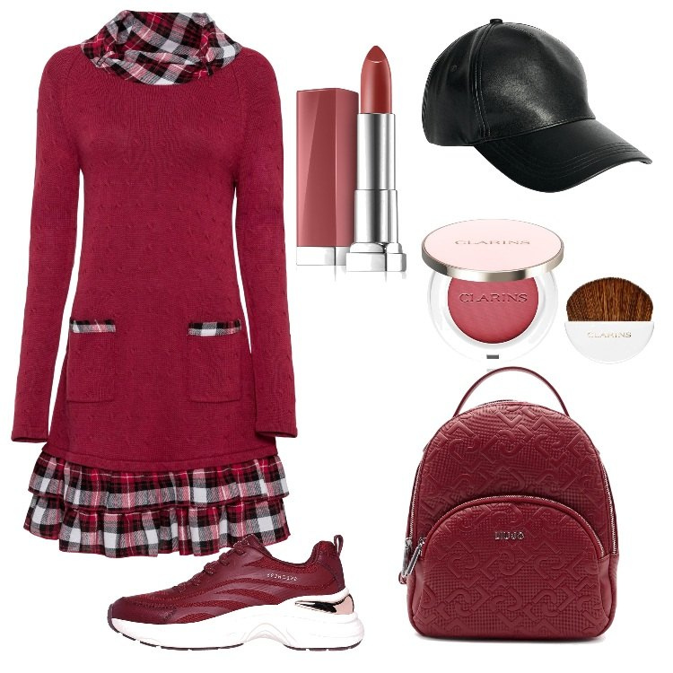 Outfit donna - Il cheeky purple. Stile Urban per Scuola/Università. Abbinamento con vestiti lunghi, rossetti, blush, sneakers, zaini, cappelli.
