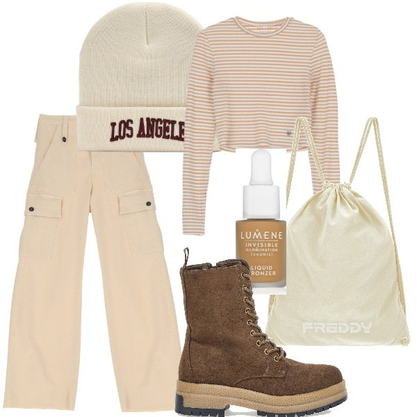 Outfit donna - Cargo DIXIE. Stile Urban per Scuola/Università. Abbinamento con terre, berretti, maglieria, zaini, pantaloni cargo, stivaletti.