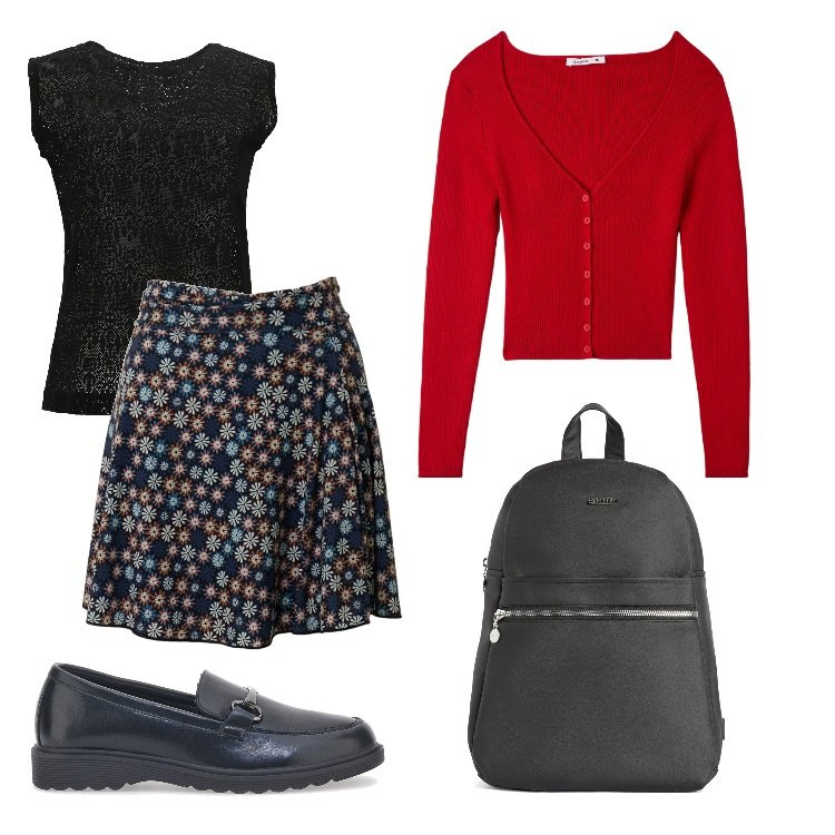 Outfit donna - università in nero e rosso. Stile Basic per Scuola/Università. Abbinamento con cardigans, zaini, t-shirt, mocassini, gonne.