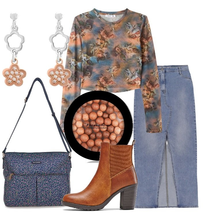 Outfit donna - Gonna in denim Curvy Style. Stile Basic per Tutti i giorni. Abbinamento con stivaletti, blush, t-shirt, gonne lunghe, orecchini, borse a tracolla.