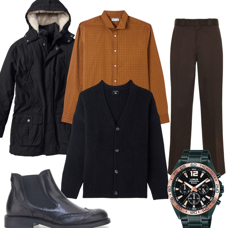Outfit uomo - Mi vesto in marrone e nero. Stile Trendy per Tutti i giorni. Abbinamento con parka, camicie, cardigans, stivali e stivaletti, pantaloni, orologi.