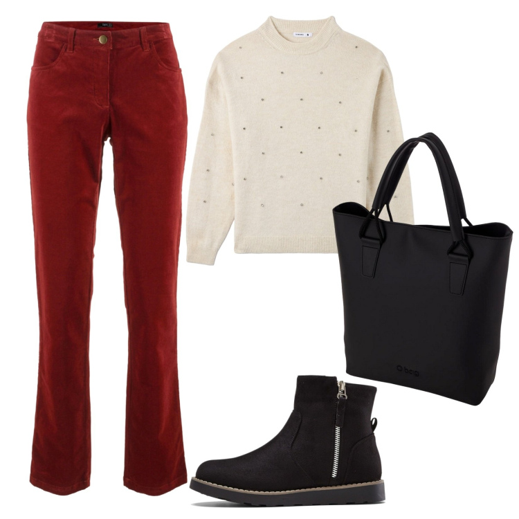 Outfit donna - Colore mattone. Stile Basic per Tutti i giorni. Abbinamento con pantaloni, stivaletti, maglieria, borse a spalla.