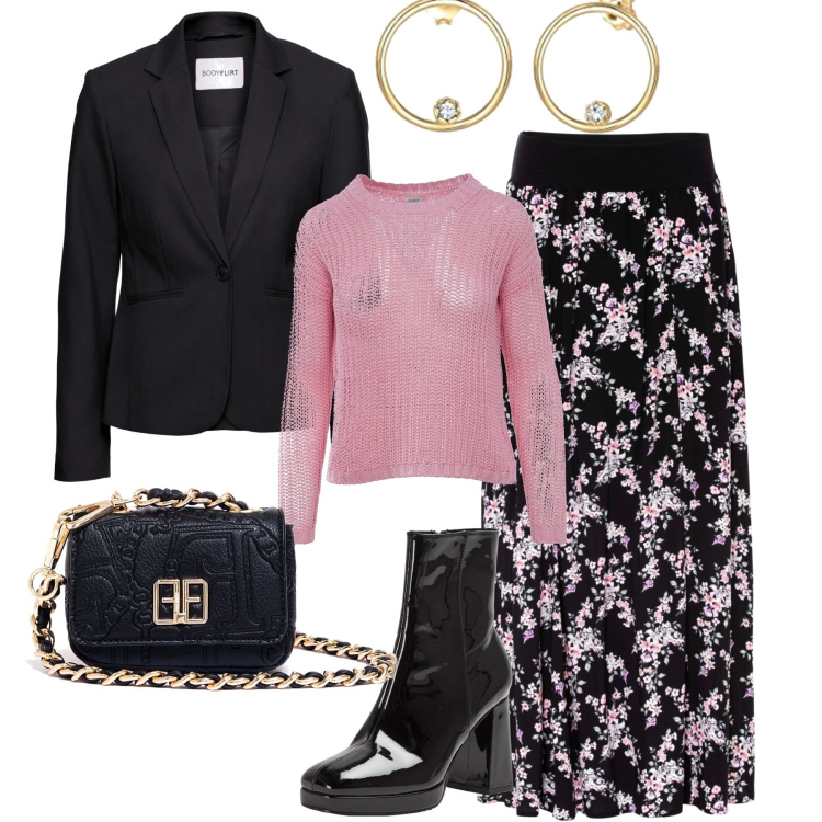 Outfit donna - La gonna fantasia. Stile Romantica per Tutti i giorni. Abbinamento con gonne lunghe, blazer, stivaletti, marsupi, maglieria, orecchini.