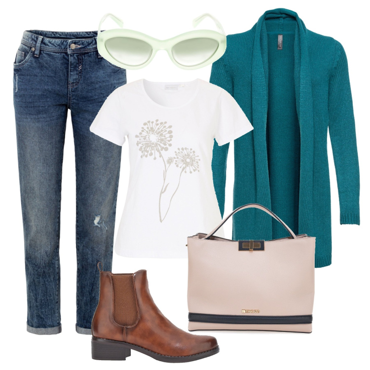 Outfit donna - Stivaletti e jeans. Stile Casual per Tutti i giorni. Abbinamento con cardigans, t-shirt, jeans boyfriend, stivaletti, borse a mano, occhiali da sole.