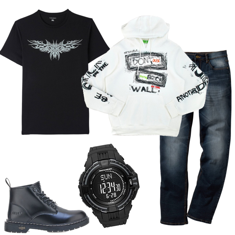 Outfit uomo - Per tutti i giorni. Stile Urban per Tutti i giorni. Abbinamento con jeans dritti, t-shirt, felpe con cappuccio, orologi digitali, anfibi.