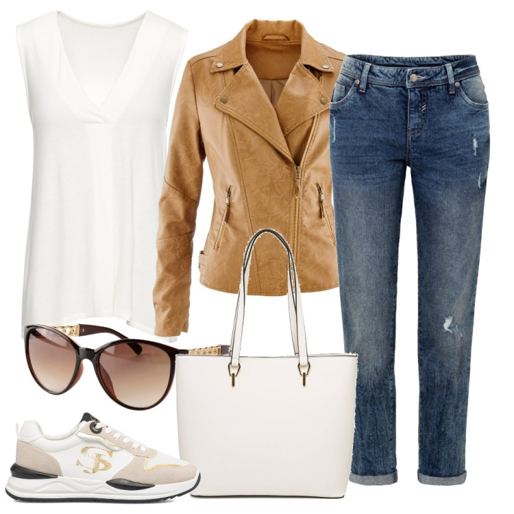 Outfit donna - Basic. Stile Casual per Tutti i giorni. Abbinamento con top, jeans boyfriend, blazer, occhiali da sole, sneakers alte, borse a spalla.
