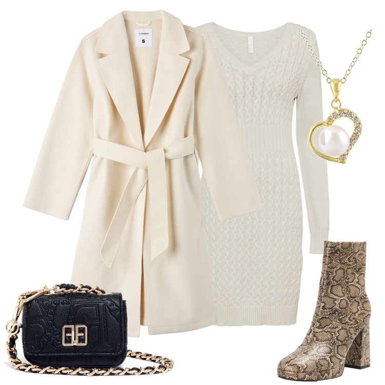 Outfit donna - Streetstyle chic in bianco. Stile Chic per Tutti i giorni. Abbinamento con vestiti, cappotti, stivaletti, marsupi, ciondoli.